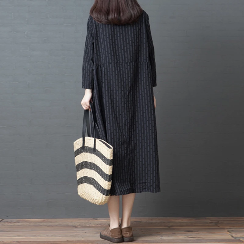 Женское платье в полоску с круглым вырезом и длинным рукавом | Женская одежда