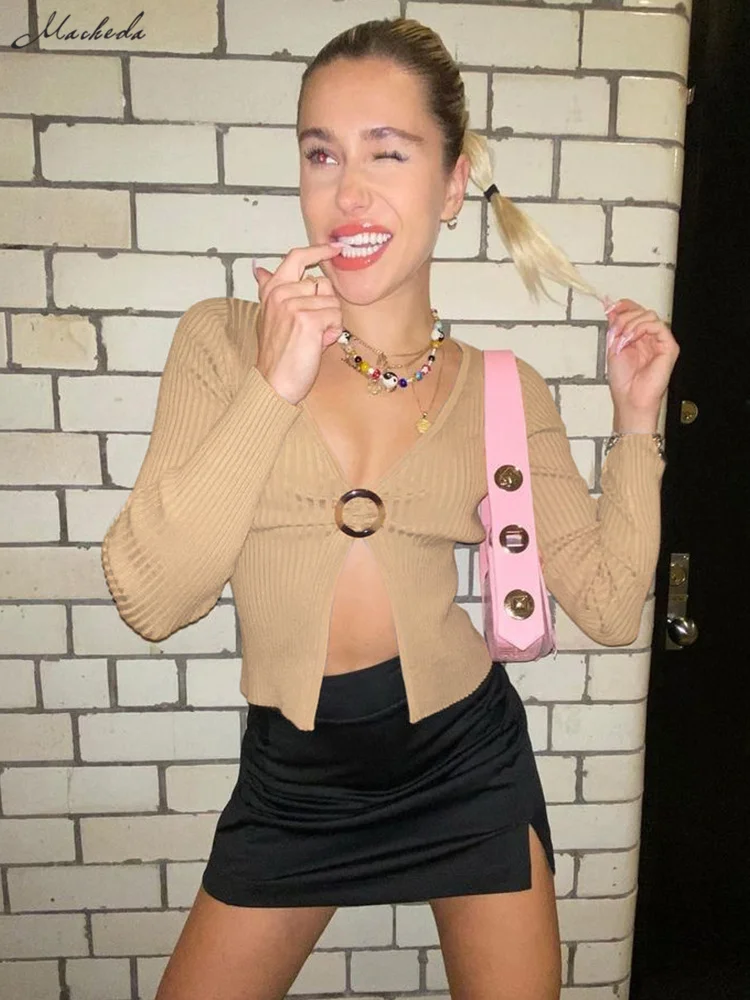 

Macheda/осенний Модный укороченный топ с бантом и v-образным вырезом, стрейчевый тонкий трикотажный короткий топ с длинными рукавами, коллекция...