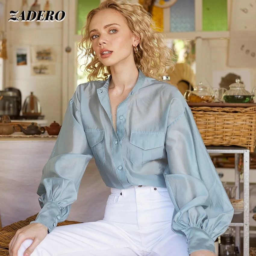 

Autumn Ladies Blouse 2021 Franch Lantern Sleeve Chiffon Shirts Fashion Stand-Up Collar Pockets Tops Office Green Blouses Women