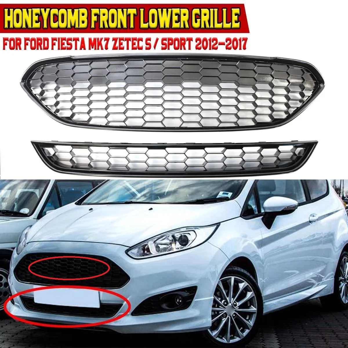 

Car Front Bumper Centre Grille Honeycomb Hex Mesh Glossy Black Upper Grill Replacement For Ford Fiesta Zetec-S 2013-2017