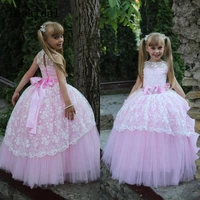 princess flower girl dresses jewel neck ball gown skirt floor length white lace overlay pink tulle gilrs pageant dresses wit bow