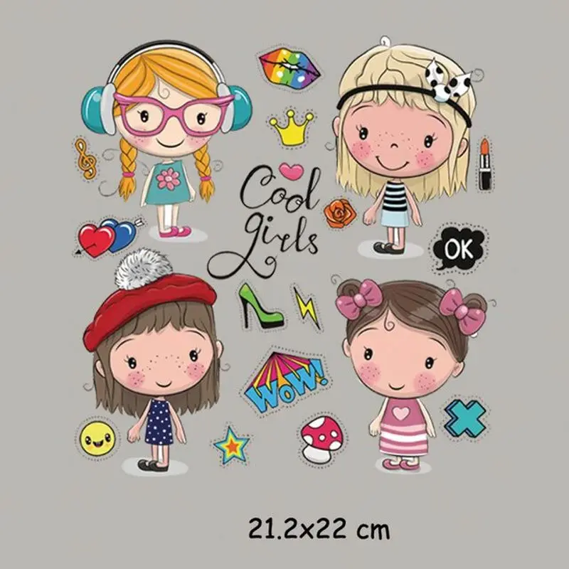 

21.2x22cm Cute Cool Girl Iron On Patches For DIY Heat Transfer Clothes T-Shirt Thermal Stickers Decoration Printing