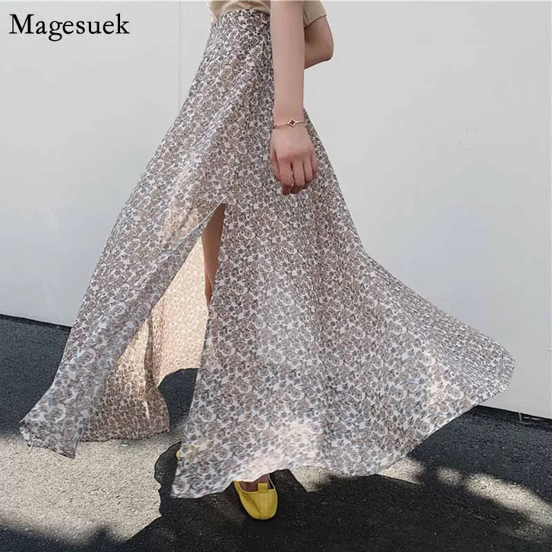 

Saias Summer Vintage Printed Floral Chiffon Skirts High Waist A-type Expandable Split Wild Casual Midi Skirt Jupe Femme 10013