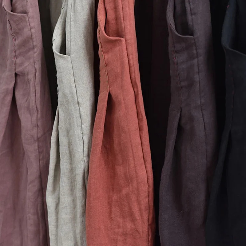 

Johnature Women Vintage Wide Leg Pants Embroidery Linen Trouser 2020 Fall Elastic Waist Solid Color Female Clothes Casual Pants