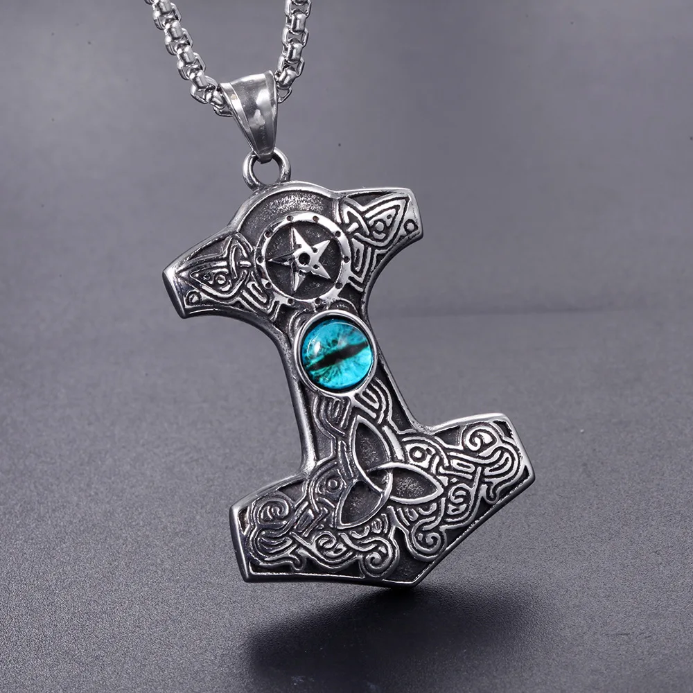 Stainless steel Viking Thunder's hammer pendant necklace men's vintage Cat eye stone titanium chain | Украшения и