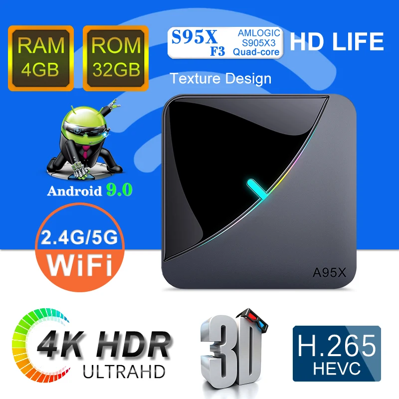 A95X F3 RGB светильник ТВ приставка Android 9,0 Amlogic S905X3 4 Гб 64 Гб Смарт ТВ приставка Flex 8 к H.265 двойной wifi Netflix медиаплеер