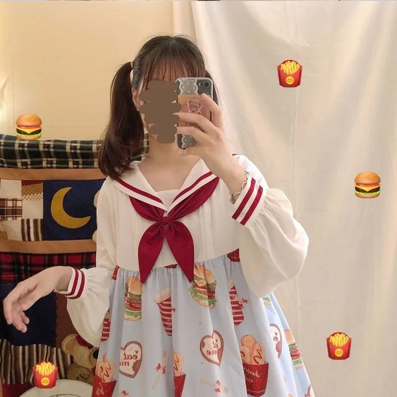 

KOSAHIKI Lolita Kawaii Sweet Student Dress Sailor Collar Loose Casual Women Dress Lantern Sleeve Cartoon Print Patchwork Vestido