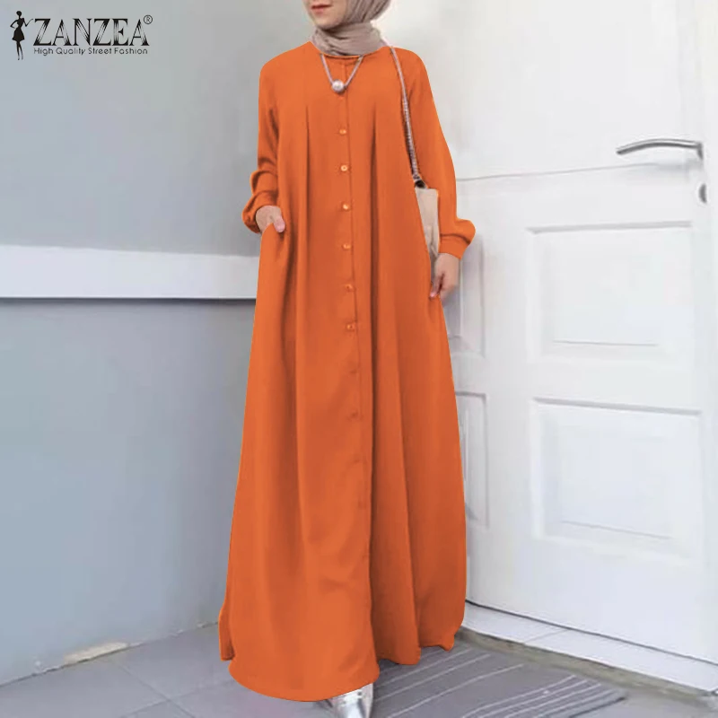 Платье ZANZEA женское в мусульманском стиле, длинный сарафан на пуговицах с длинным рукавом, Повседневная мусульманская одежда, кафтан, на вес...