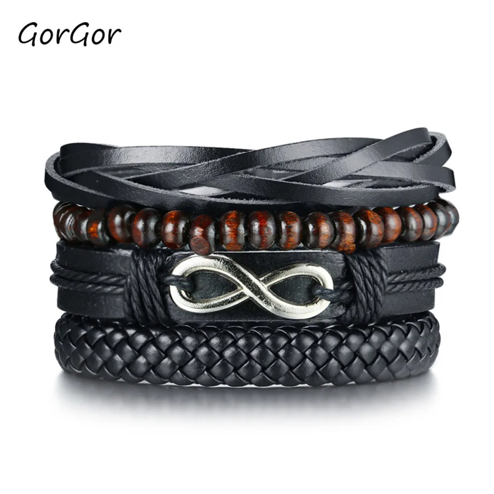

GorGor Trendy Black Color Four-piece Alloy Infinity Wooden Bead PU Leather Hand Strap Jewelry for Men Businss Gift BL-426