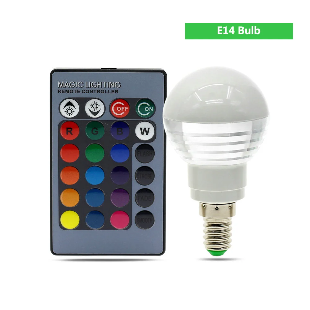 Цветная(RGB светодиодный лампы E27 E14 GU10 волшебный Светильник лампы 110V 220V 16 Цвет меняющийся светодиодный сценические лампы RGB Светодиодный точечный светильник+ 24-кнопочный ИК-пульт дистанционного управления Управление - Испускаемый цвет: E14 Bulb