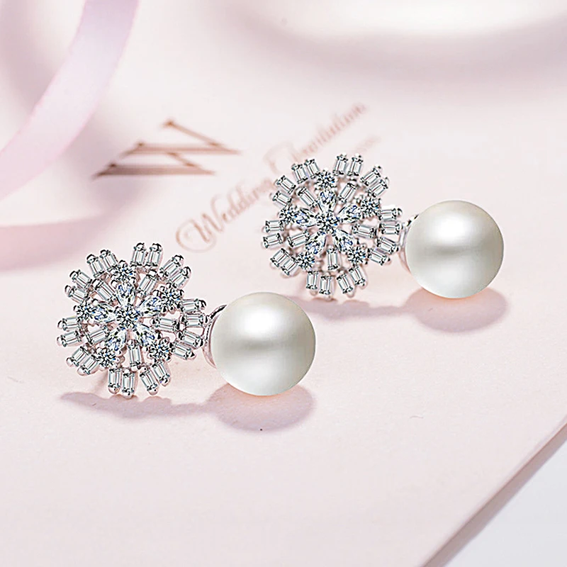 

MEETSOFT Silver PlatedPrevent Allergy Fashion Stud Earrings for Women Design Trendy White Crystal Pearl Flower Jewelry Gift