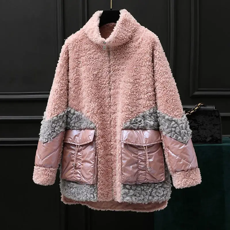 pink Женское зимнее пальто из натурального композитного овечьего меха года, Женская шерстяная куртка из зернистой овечьей шерсти, теплая верхняя одежда из натуральной овчины N84 - Цвет: pink