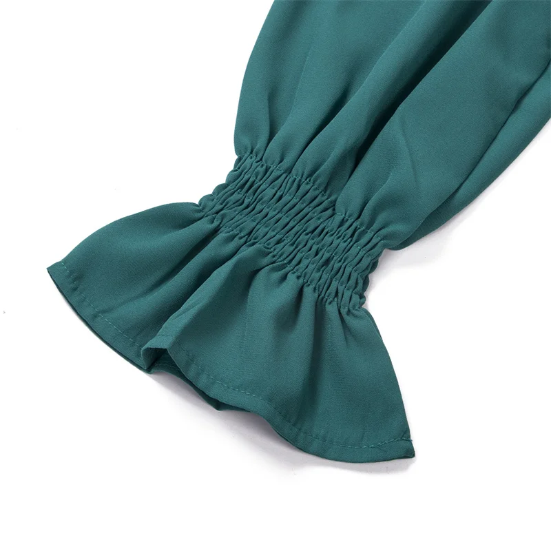 

Fashion Women Ladies V Neck Lace Trim Chiffon Top Long Sleeve Flouncing Cuff Solid Green Blouse Spring Autumn