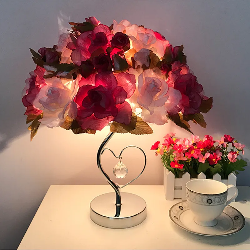 European Table Lamp Silk Cloth Rose Flower LED Night Light Wedding Bedroom Decoration Creative Gift
