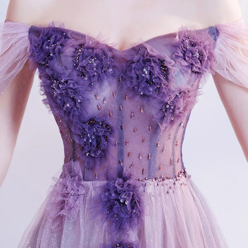 

Evening Dress Tulle Strapless Sleeveless Off The Shoulder Floor-Length A-Line Sequined Beading Appliques Women Formal Gown TS721