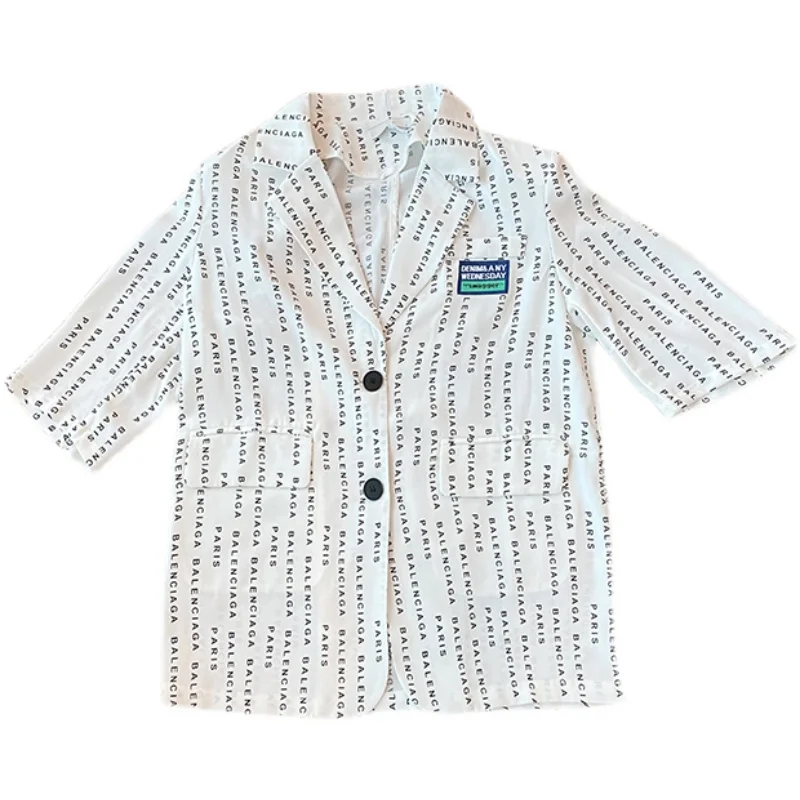 

Notched Collar Letter Print Slim Jacket High Waist Summer Design Short Sleeve Women's Clothes Office Lady Outerwear With Belt