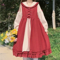 houzhou kawaii lolita dress woman bandage bow ruffle dresses red navy sailor collar patchwork preppy style cute spring autumn