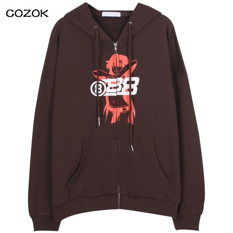

2021 Oversized Hooded Sweatshirt Lady Women Casual Large Coats zip-up Women Korean Style hoodies Vintage Solid brown Long Sleeve