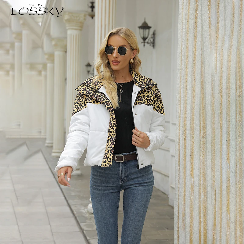 

Autumn Winter Women Zipper Leopard Cropped Jacket Fashion Brown Warm Padded Coat Casual Long Sleeve Streetwear Jackets 2021