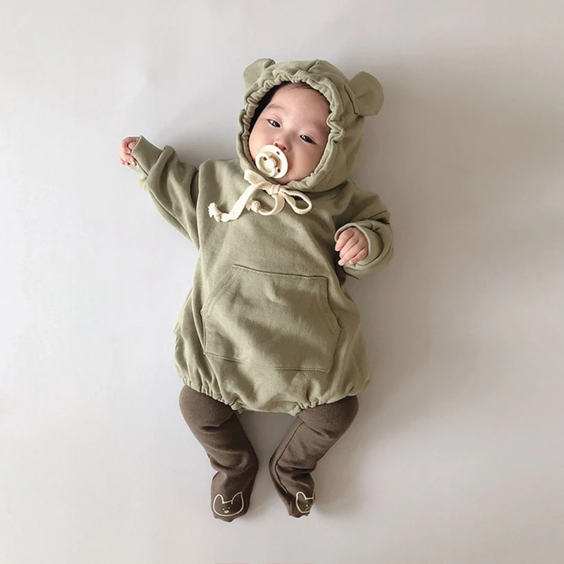 Baby Boys Girls Clothes Hoodie Long Sleeved Cute Solid Romper Spring Autumn Pure Cotton Infant Kids Fleece Thicken Jumpsuits