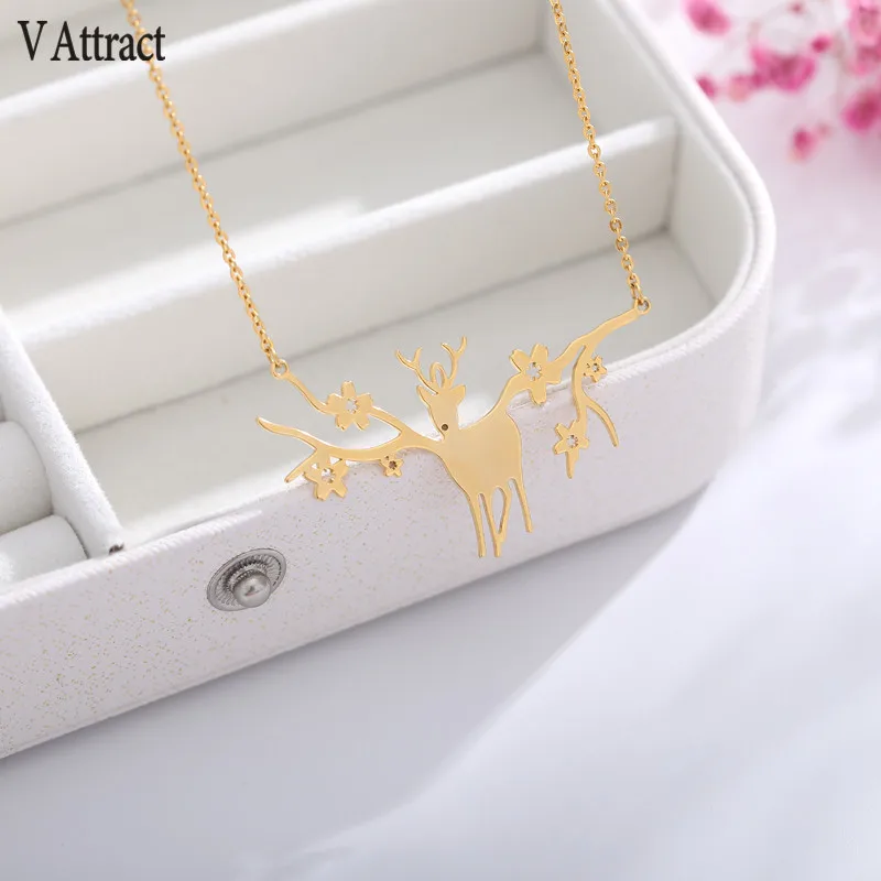 V Attract Christmas Necklaces Elk Deer Antlers Pendant Necklace Gift for Women Gold Clavicle Chain Jewelry Collier Femme | Украшения и