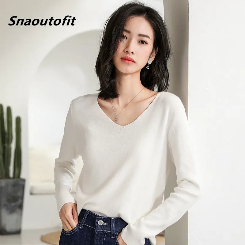 

Snaoutofit Spring Autumn Version Of Thin V-Neck Pullover Knit Bottoming Shirt For Ladies Loose Solid Color Long-Sleeved Sweater