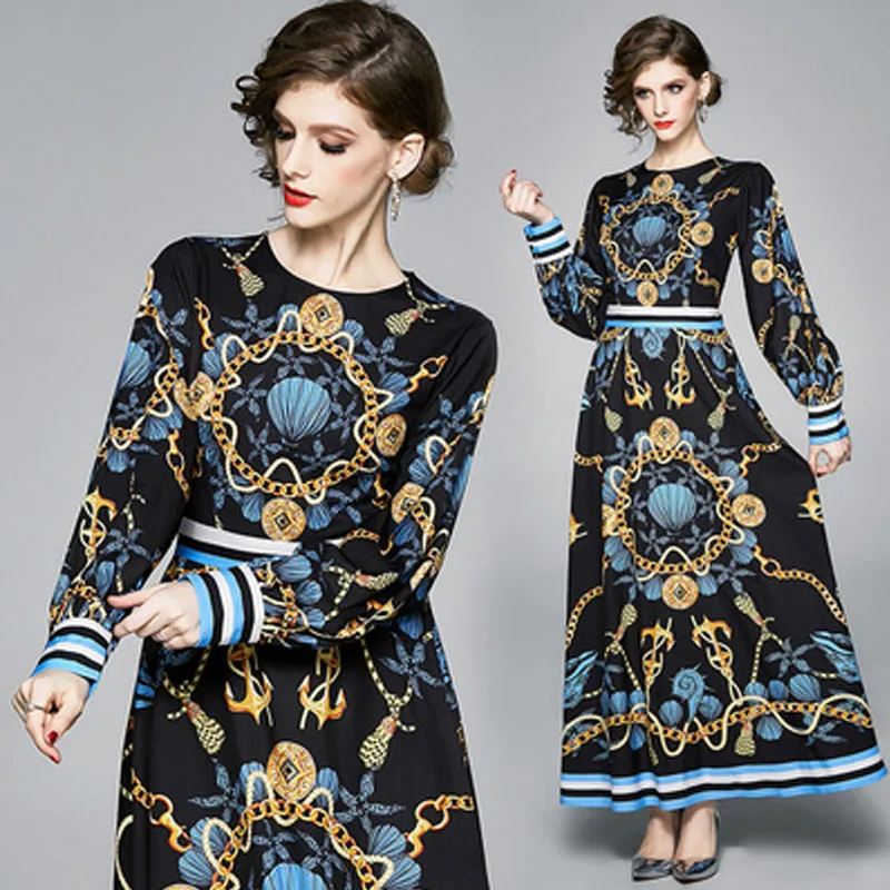 

Runway Dress Spring 2020 Women New Long Sleeve O-Neck Slim Plus Size Printing Vintage Dresses Women Elegant Maxi Dress Vestidos