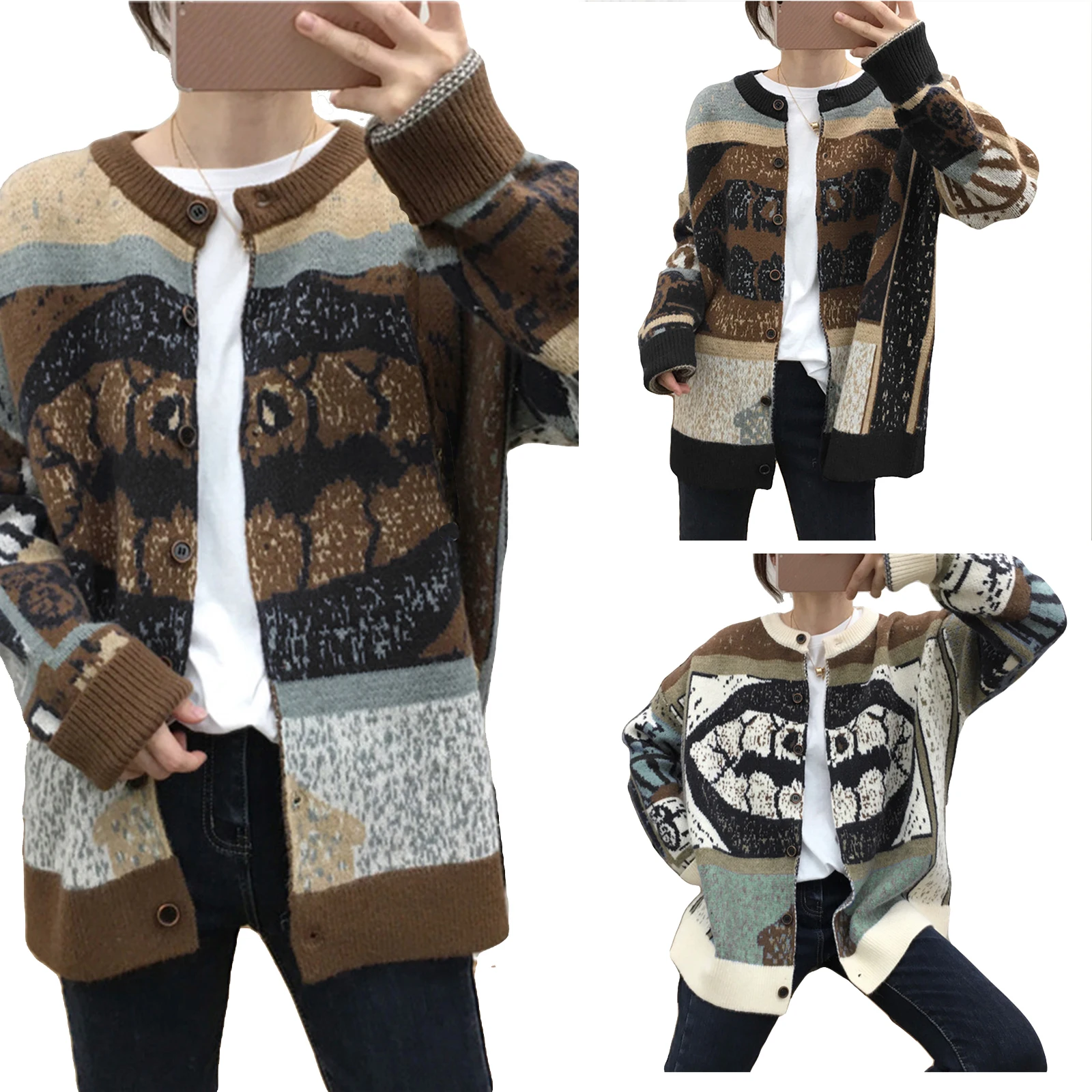 

Hirigin Fashion Retro Contrast Color Thick Jacquard Totem Knit Cardigan Women's Autumn Winter Warm Lazy Casual Sweater Coat