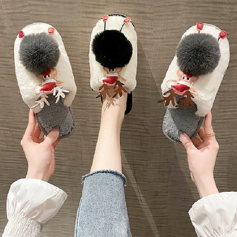 

Женские тапочки с рождественским оленем, Мультяшные домашние тапочки, Зимние теплые плюшевые повседневные новые корейские Хлопковые женск...