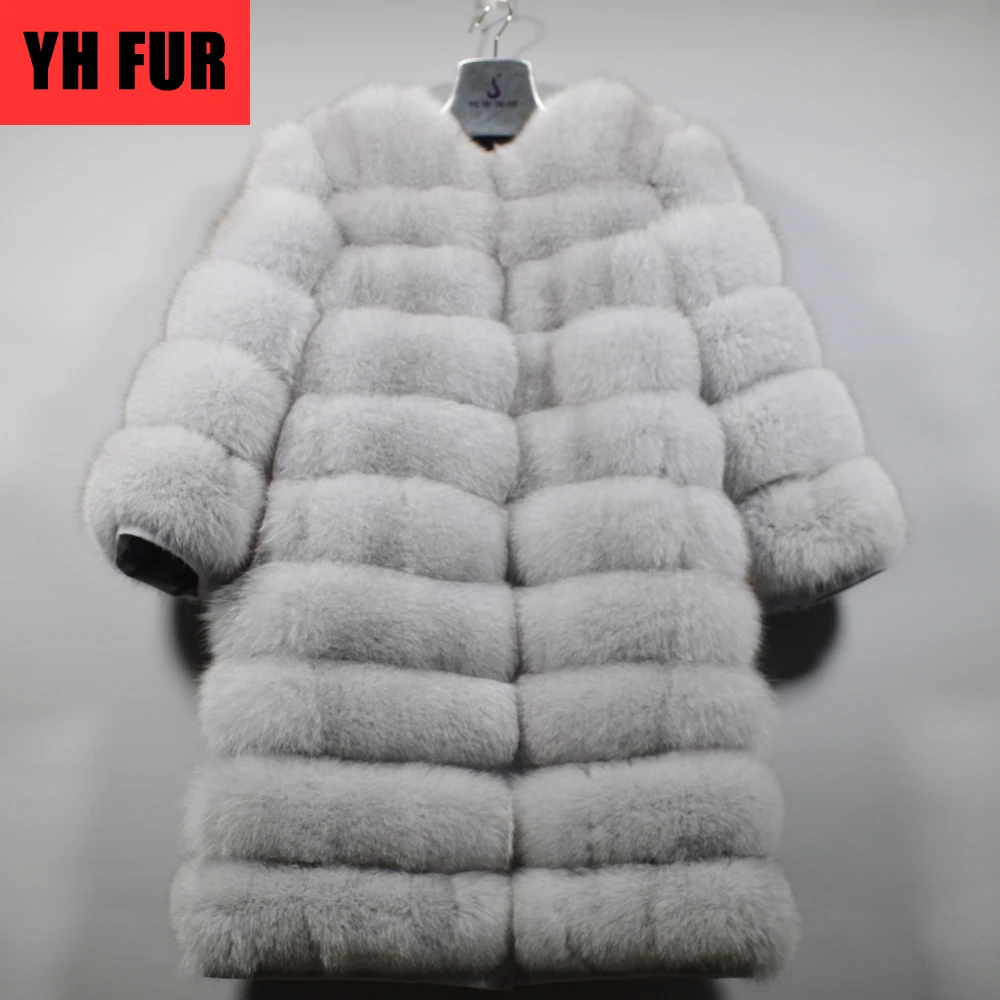 Женское длинное зимнее пальто теплое из натурального Лисьего меха со съемным