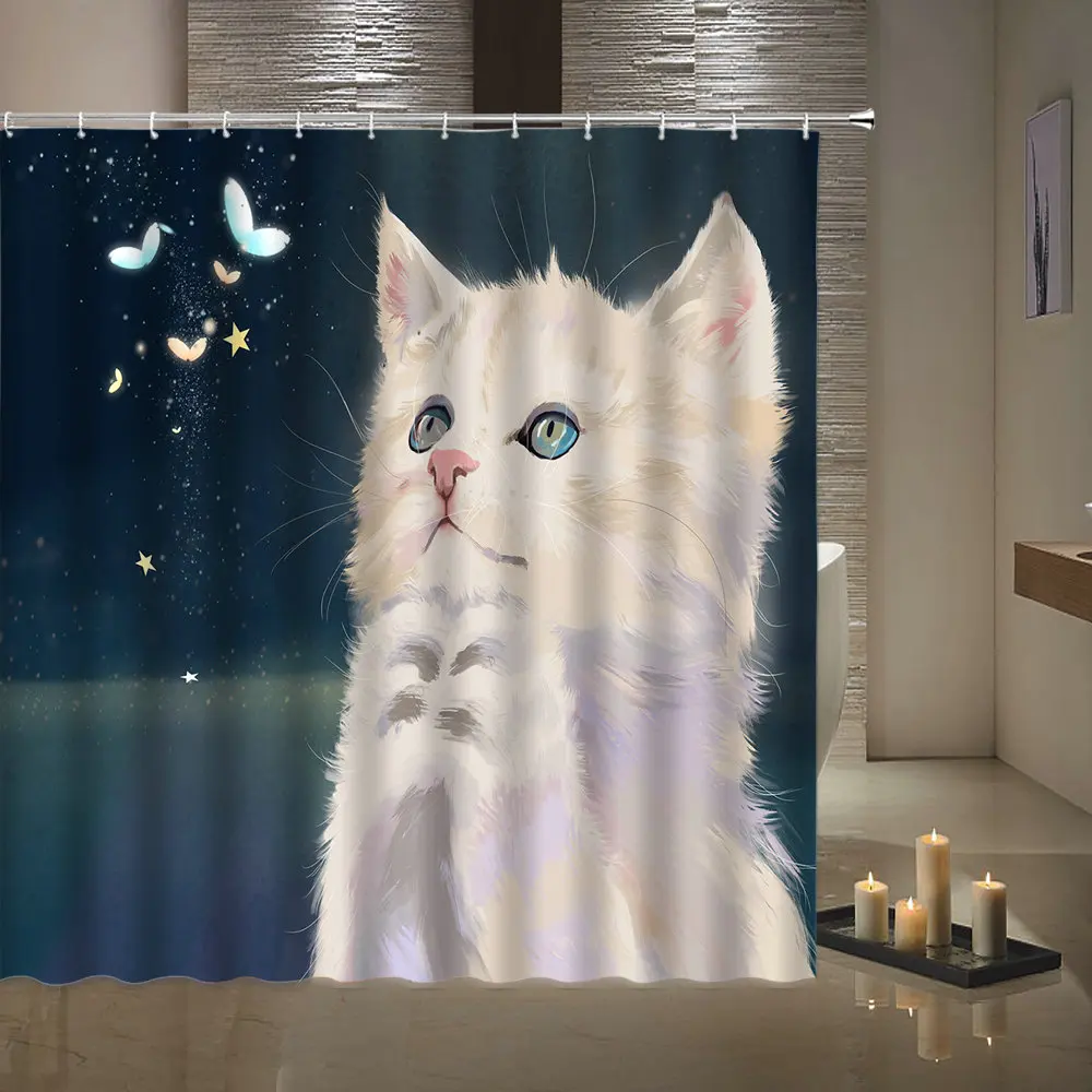 

Шторы для душа с принтом кошек и собак, водонепроницаемые занавески из полиэстера для ванной комнаты с милыми мультяшными животными, машинн...