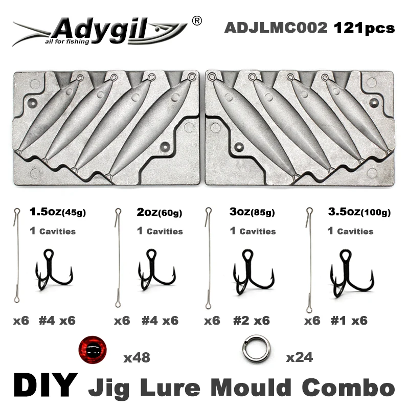 Adygil-molde para señuelo de pesca artesanal, Combo de 45g, 60g, 80g, 121g, 4 cavidades, 100 Uds.