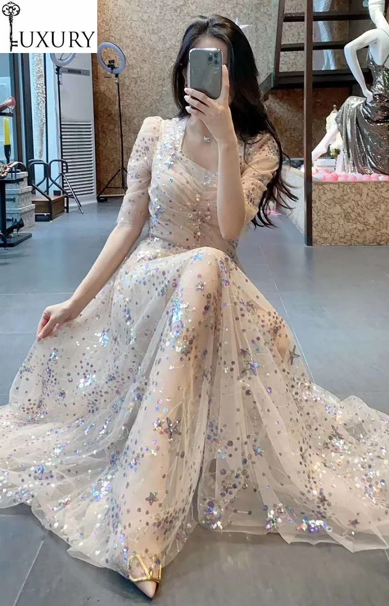 Summer Sequined 2020 Spring Party Events Women Sexy Square Collar Shine Beading Short Sleeve Casual Long Maxi Dress