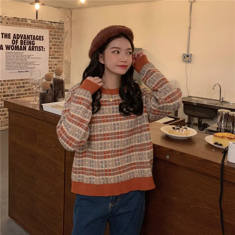

New Autumn Winter Thick Loose Knitting Womens Sweater Vintage Stripe Long Sleeve Pullovers Female Coat