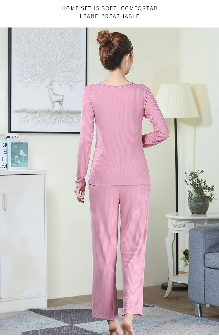 Fdfklak Modal Cotton Homewear Ladies Pajamas Free Bra Cup Long Sleeve Trousers Suit Casual Pyjamas Women Winter 2 Piece Set