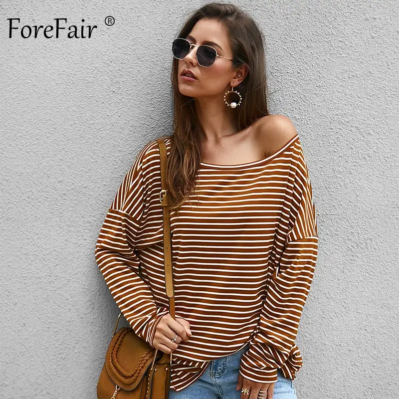 Forefair футболка в полоску для женщин осенний топ с открытыми плечами повседневные свободные размера плюс круглый вырез хаки серый черный длинный рукав рубашки
