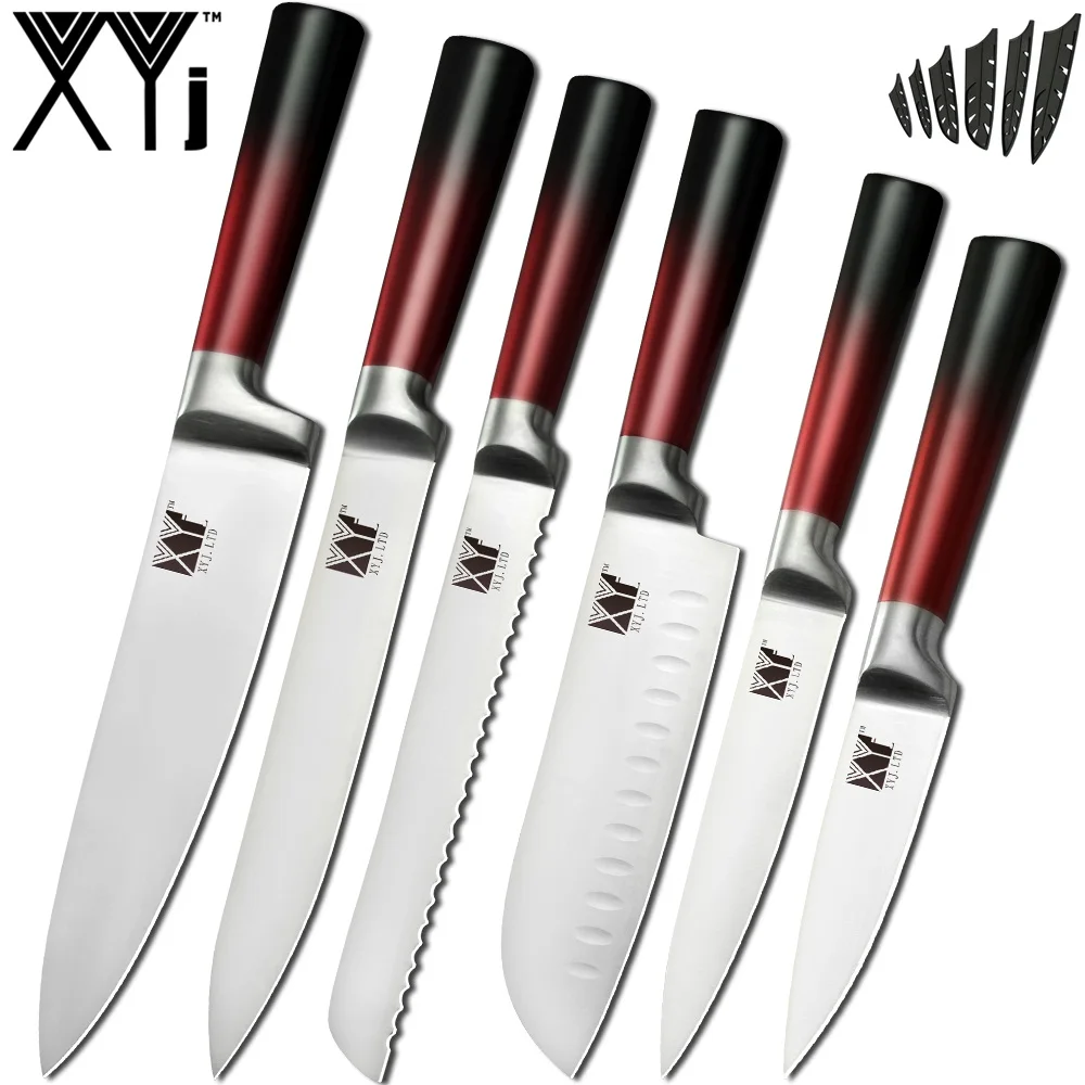 E.6PCS SET XYj кухонные ножи 9 шт. набор из нержавеющей стали поварские ножи точилка инструменты ножницы 8 ''Держатель ножей градиентный цвет кухонный аксессуар - Цвет: E.6PCS SET