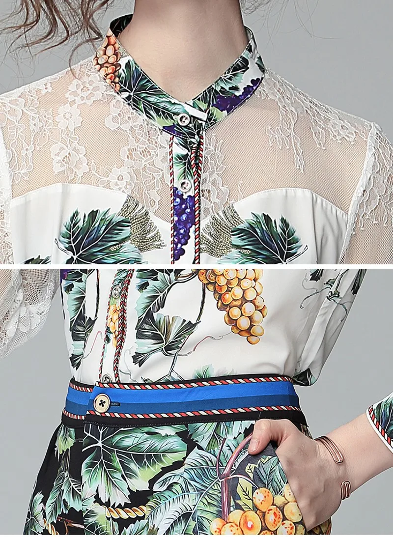 

2021 summer fashion women O neck grape printed stitching lace long-sleeved shirt + shorts two-piece sets