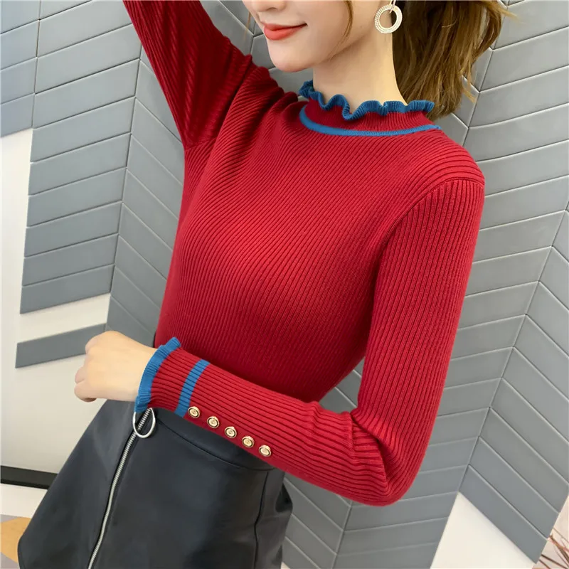 OHCLOTHING5344-женские свитера 2019New Женский пуловер высокая эластичность falbala вязаный кружевной воротник подходит ко всему джемпер