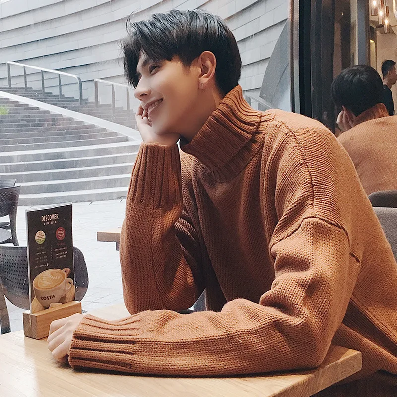 Мужской трикотажный свитер с воротником хомутом облегающий пуловер двойным