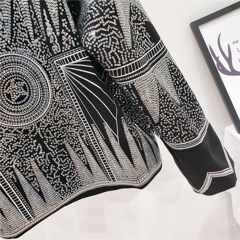 

CHICEVER Sequined Geometric Jackets For Women O Neck Long Sleeve Loose Large Size Embroidery Streetwear Coats Female Fashion New