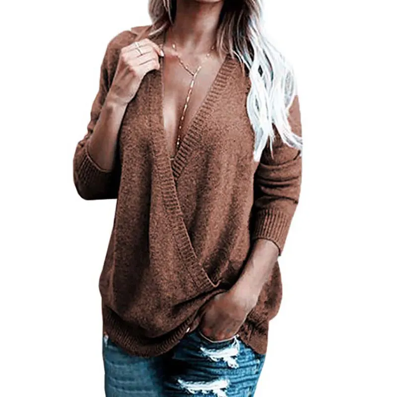 Женский свитер с v-образным вырезом теплый длинным рукавом Свободный вязаный