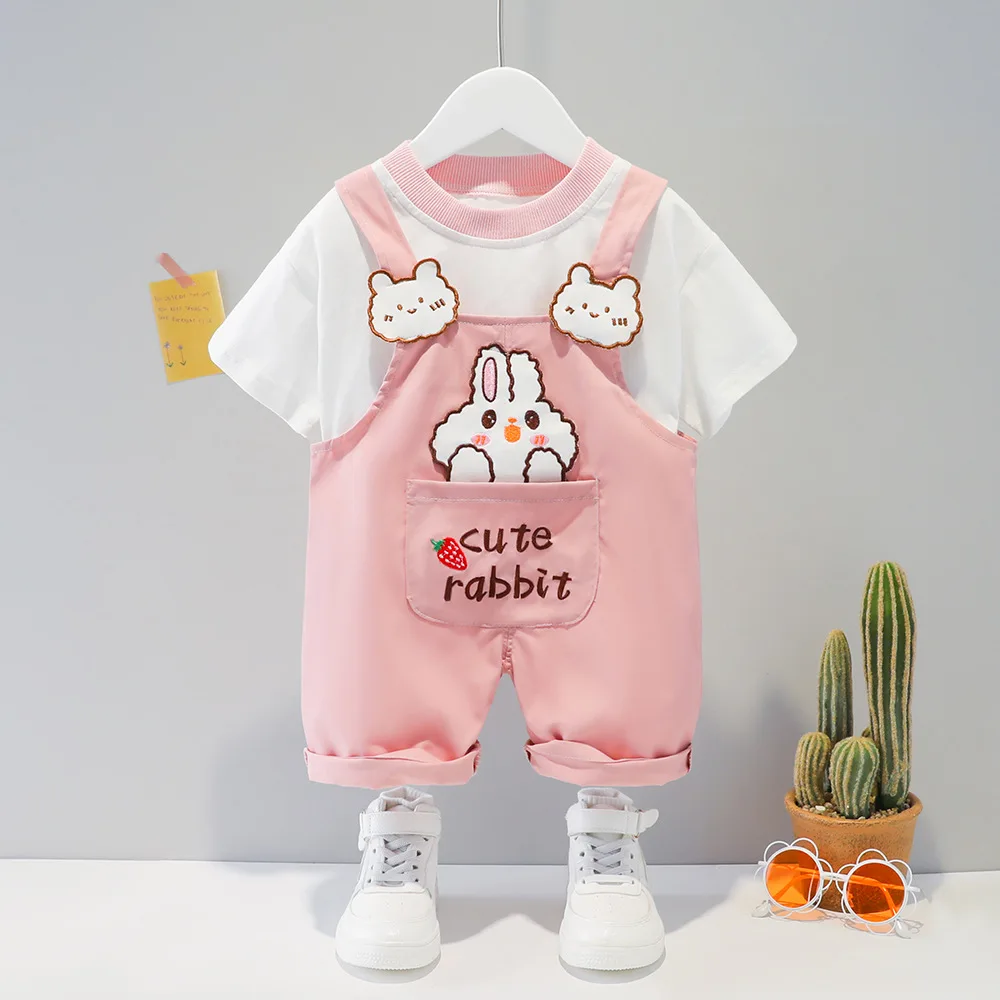 

Summer Baby Short Sleeve Outfits Toddler Children Cotton Tracksuit T-Shirt+Cartoon Overalls For Boys and Girls Casual Clothing