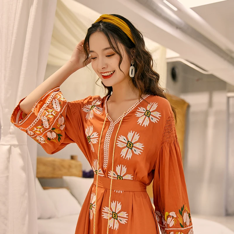 

Video scene shooting national holidays wind embroidery horn sleeve skirt Bohemian retro loose women dress