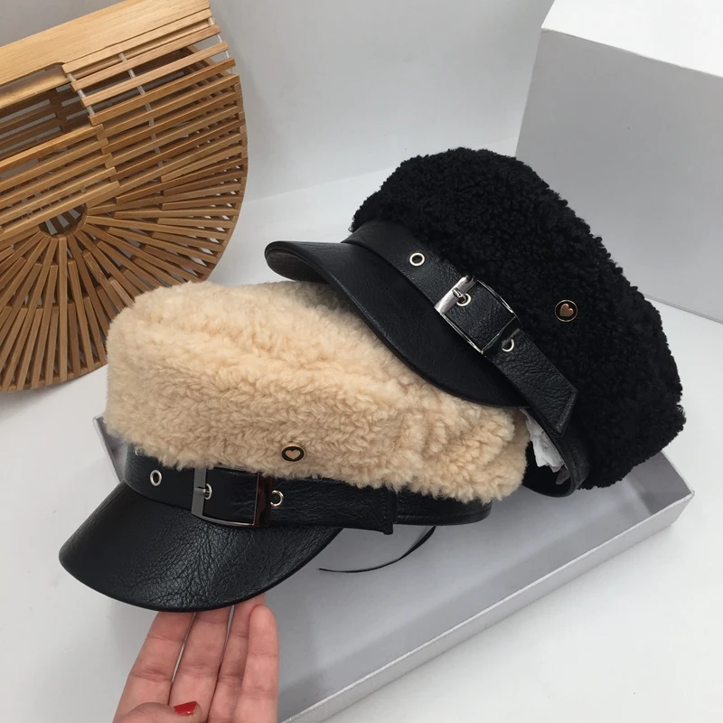 Корейская супер огненная овечья кожа темно-синяя шляпа женская осенняя и зимняя