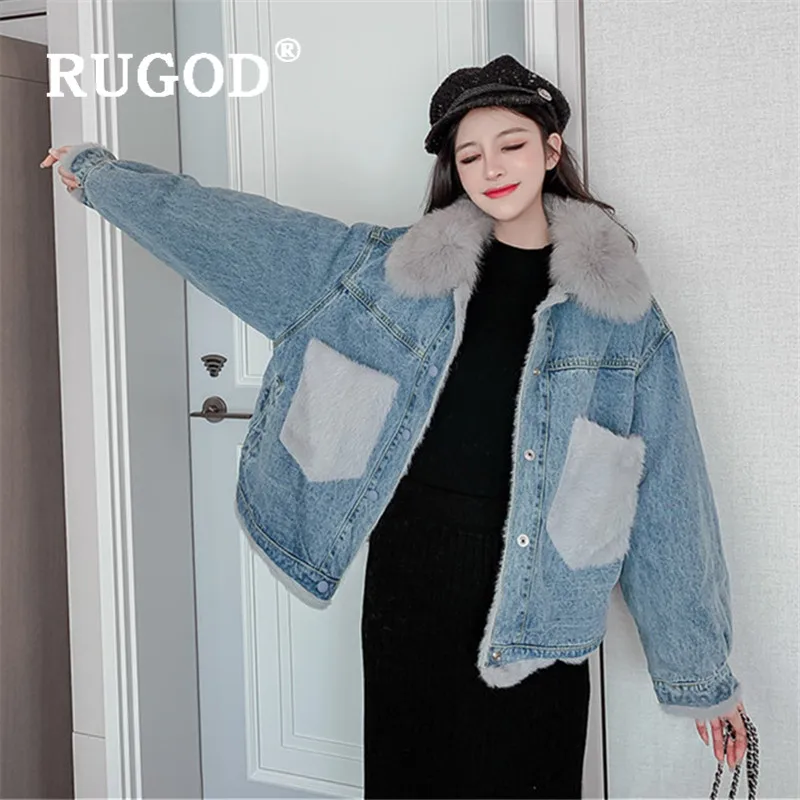 Женская укороченная куртка RUGOD толстая джинсовая с карманами и лисьим мехом