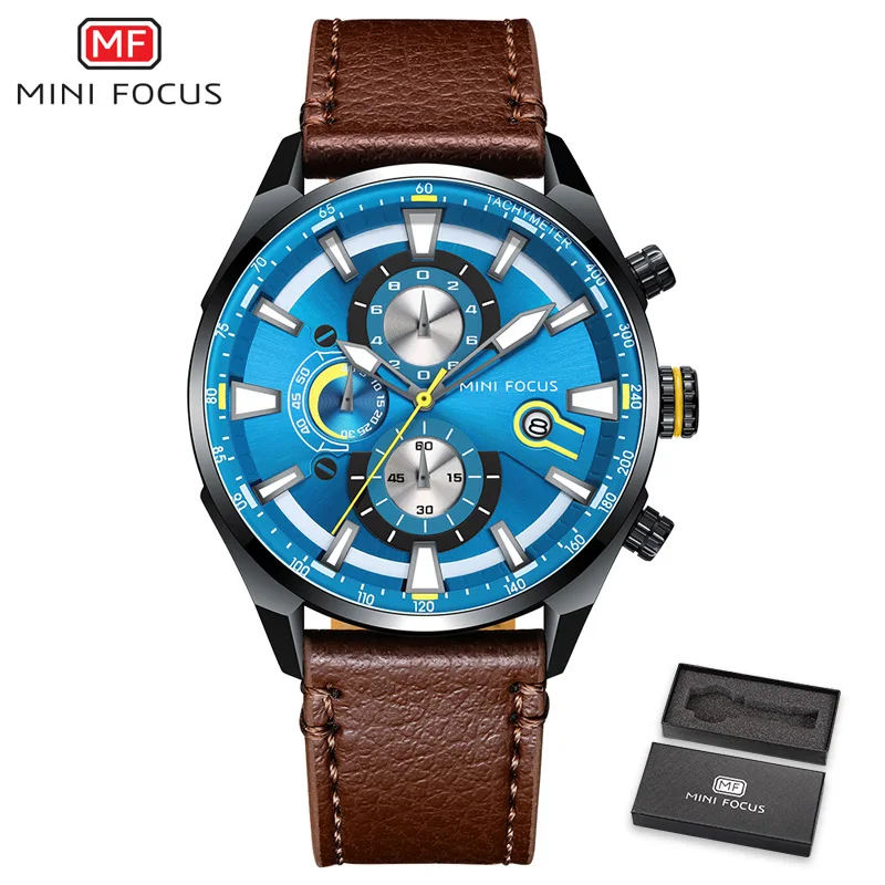 Brown Blue MINIFOCUS часы Лидирующий бренд Мужские Аналоговые кварцевые часы с хронографом спортивные водонепроницаемые часы мужские наручные часы Военные мужские часы - Цвет: Brown Blue