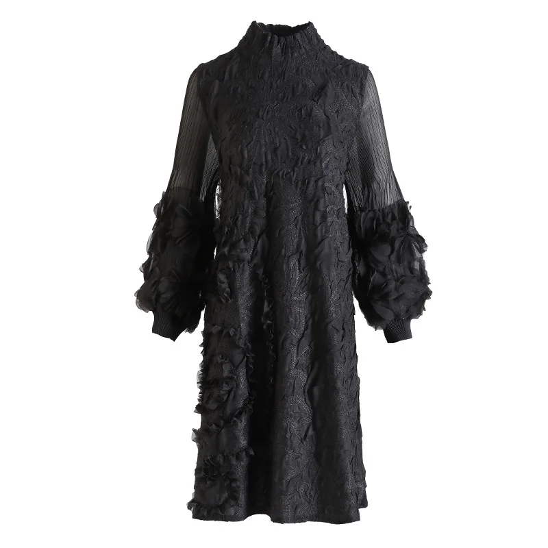

High End Embroidery Dress Autumn Winter 2020 New Women's Plus Size Long Sleeve Pleated Dress