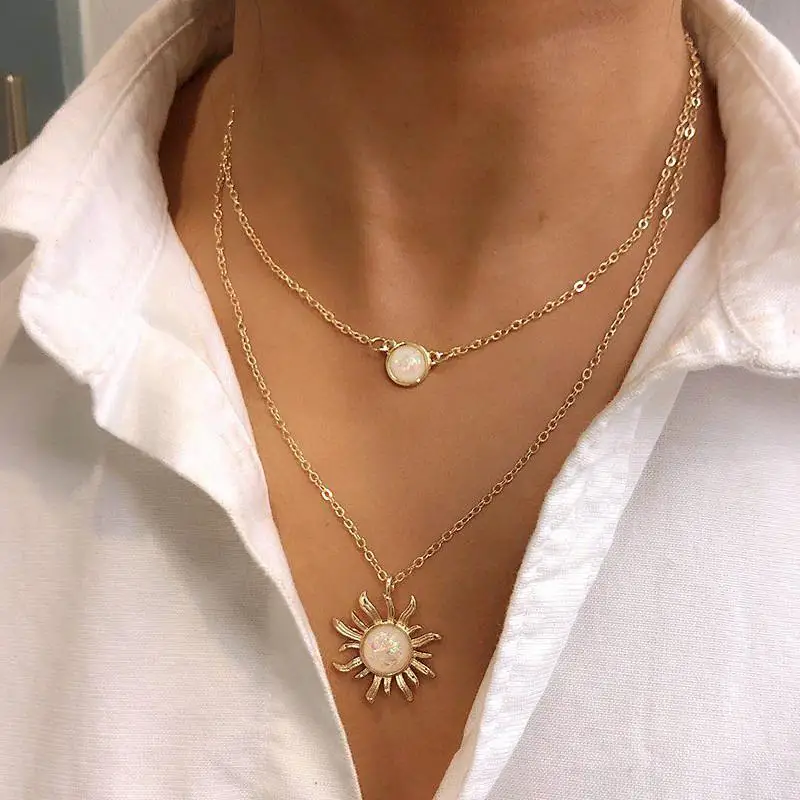 

European And American Opal Necklace New Accessories French Design Sense Multi-layer Sunflower Girl Metal Fashion Clavicle Chain