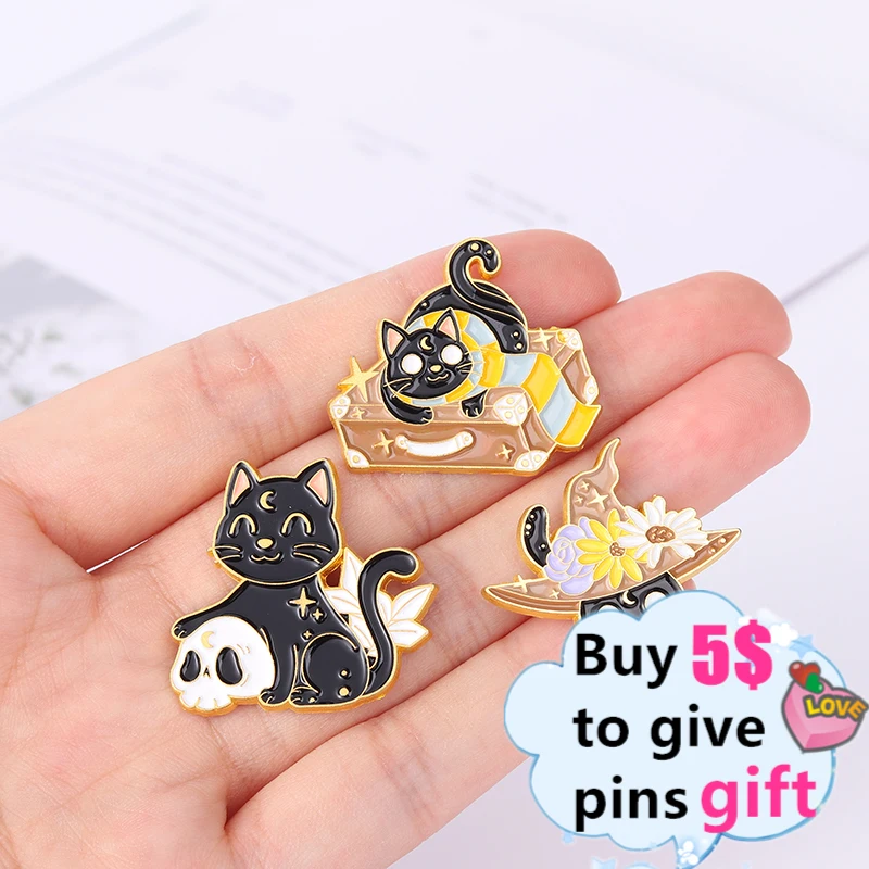 Волшебная ведьма скелет кошка эмалированная булавка шляпа котенок броши-Кошки